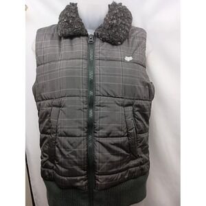 Fox black gray plaid striped puffer M vest travel lightweight vacation